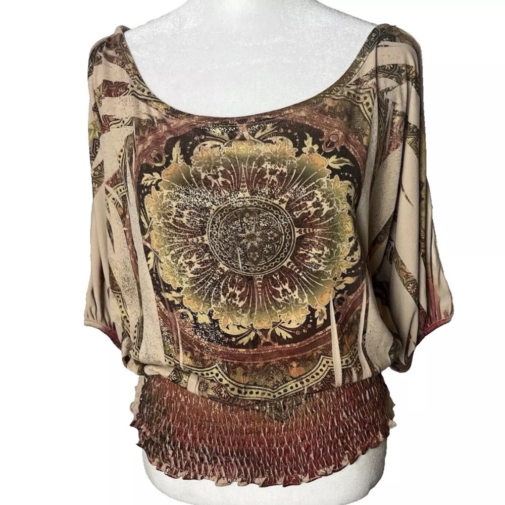 Women's Top Size Medium Short Slit Sleeves Elastic Waist Shimmer Tan Brown Red